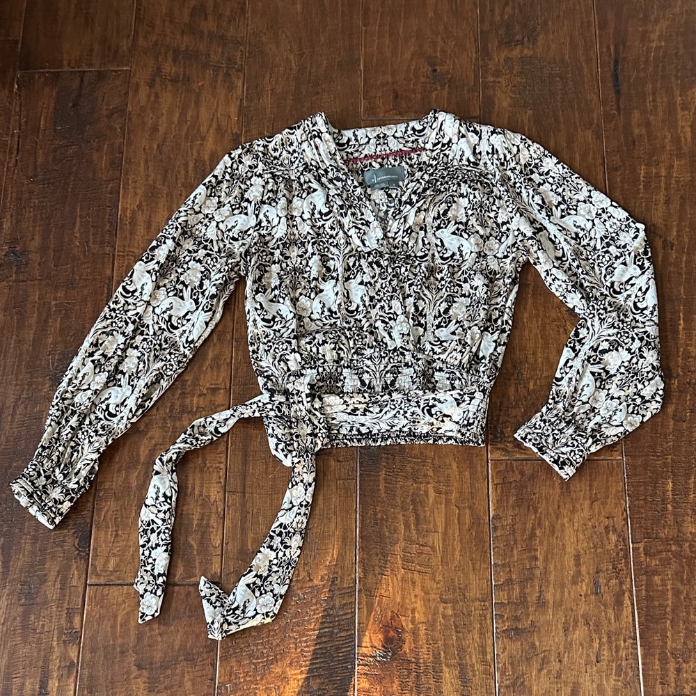 Anthropologie Black and Ecru Patterned Wrap Blouse